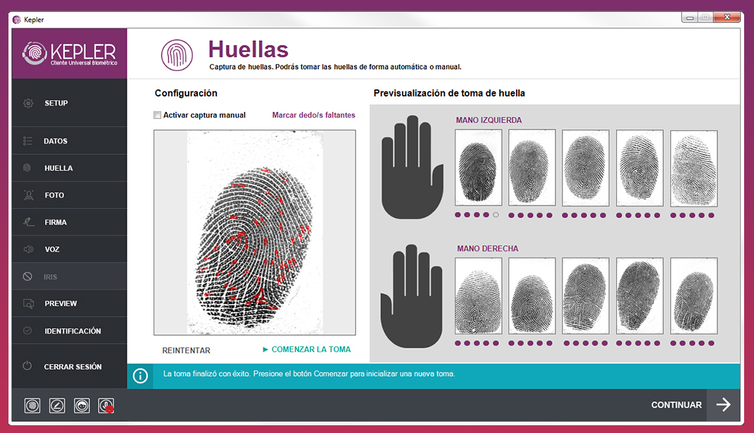 pantalla toma de huella kepler biometría huellas 