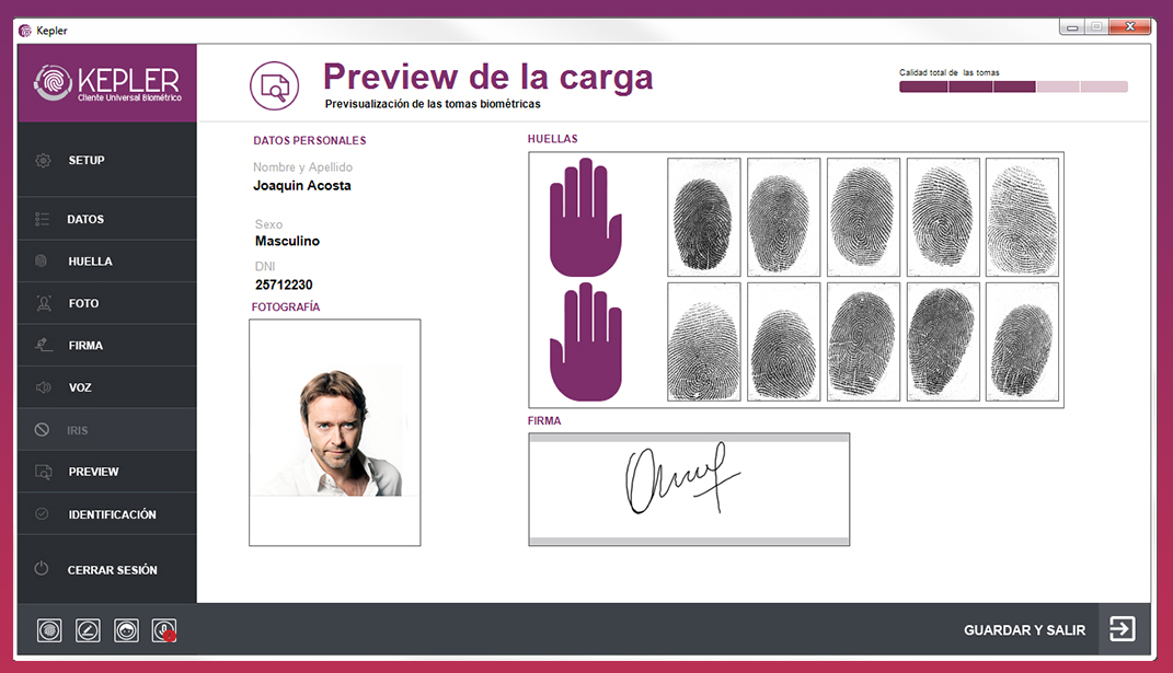 pantalla preview de las tomas kepler Multibiometria