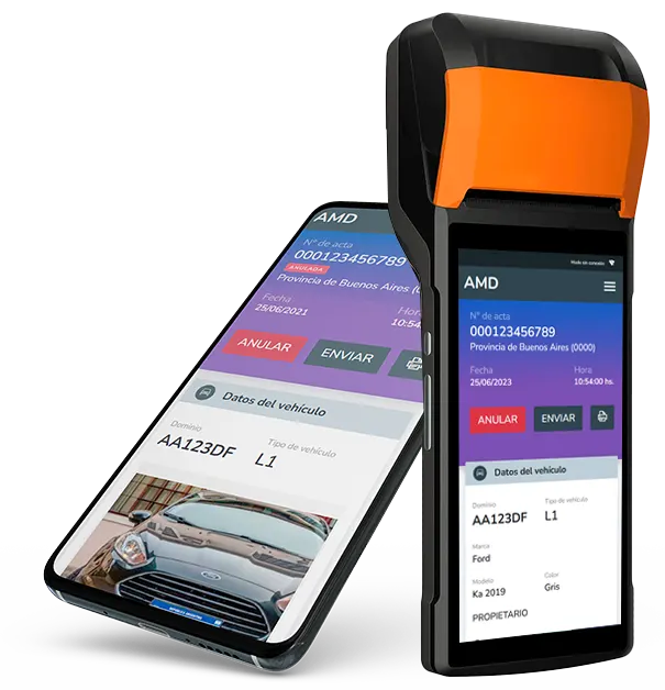 Dispositivo móvil mostrando la plataforma AMD para digitalización de actas manuales en tiempo real y emisión de tickets con código de pago.